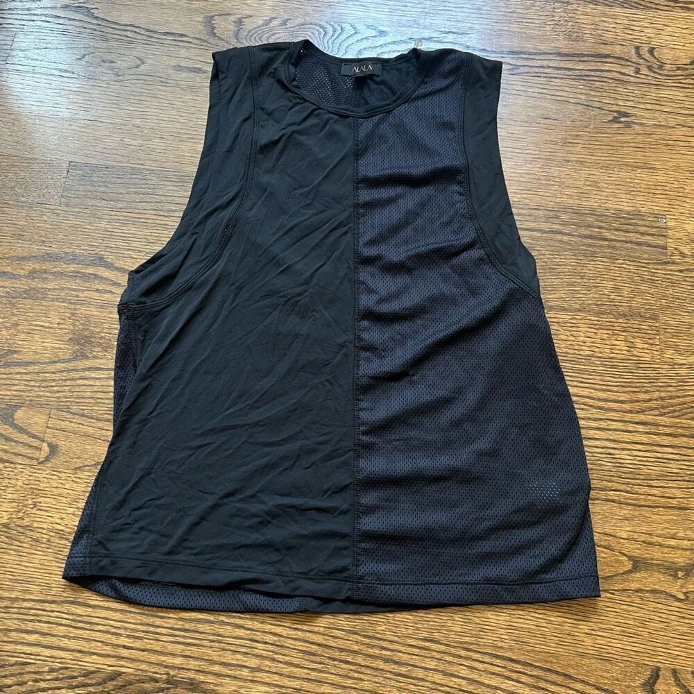 Alala Womens Black Mesh Dual Split Crew Neck Tank Top Size Small